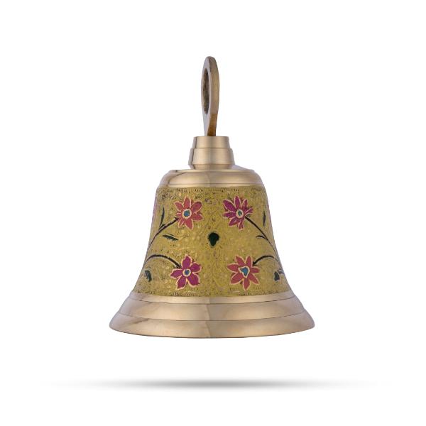 Temple Bell With Chain - 7 x 5 Inches | Enamel Design Prayer Bell/ Ritual Bell/ Brass Bell for Pooja