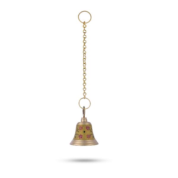 Temple Bell With Chain - 7 x 5 Inches | Enamel Design Prayer Bell/ Ritual Bell/ Brass Bell for Pooja