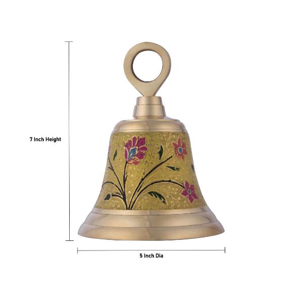 Temple Bell With Chain - 7 x 5 Inches | Enamel Design Prayer Bell/ Ritual Bell/ Brass Bell for Pooja