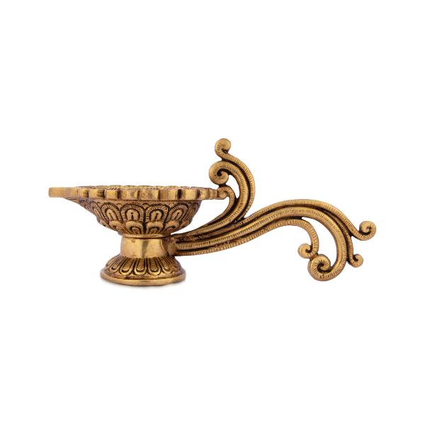 Decorative Diya With Handle - 4 x 9.5 Inches | Brass Lamp/ Antique Polish Kartik Deepam/ Agal Vilakku for Pooja