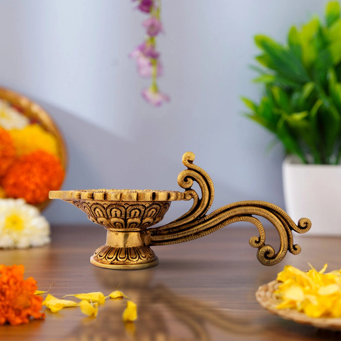 Decorative Diya With Handle - 4 x 9.5 Inches | Brass Lamp/ Antique Polish Kartik Deepam/ Agal Vilakku for Pooja