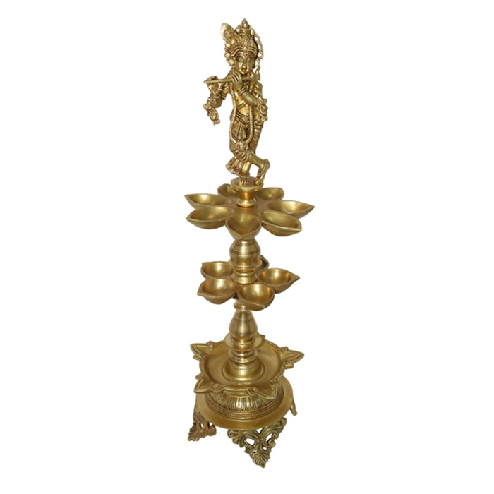Krishna Lamp - 37 Inches | 3 Step Kuthu Vilakku/ Antique Brass Lamp for Pooja/ 8.100 Kgs Approx