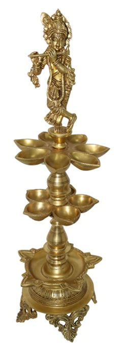 Krishna Lamp - 37 Inches | 3 Step Kuthu Vilakku/ Antique Brass Lamp for Pooja/ 8.100 Kgs Approx