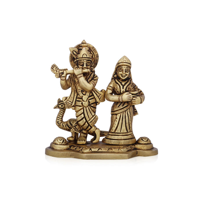 Radha Krishna Statue With Peacock - 4 x 4.5 Inches | Antique Brass Idol/ Standing Radha Krishna Murti for Pooja