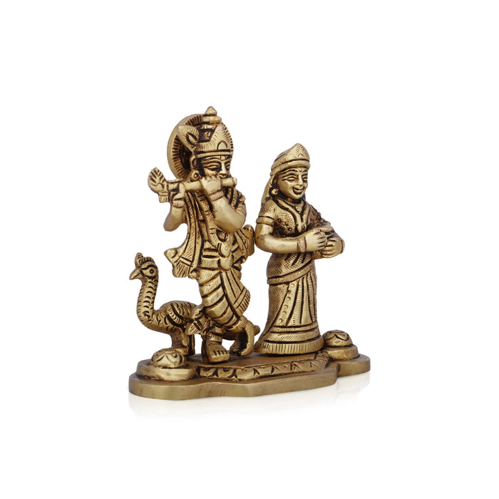 Radha Krishna Statue With Peacock - 4 x 4.5 Inches | Antique Brass Idol/ Standing Radha Krishna Murti for Pooja