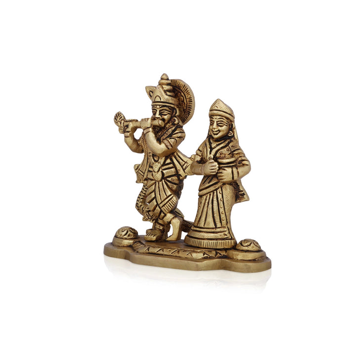 Radha Krishna Statue With Peacock - 4 x 4.5 Inches | Antique Brass Idol/ Standing Radha Krishna Murti for Pooja