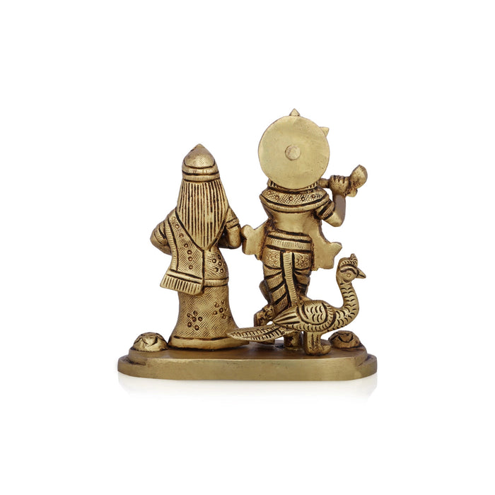 Radha Krishna Statue With Peacock - 4 x 4.5 Inches | Antique Brass Idol/ Standing Radha Krishna Murti for Pooja