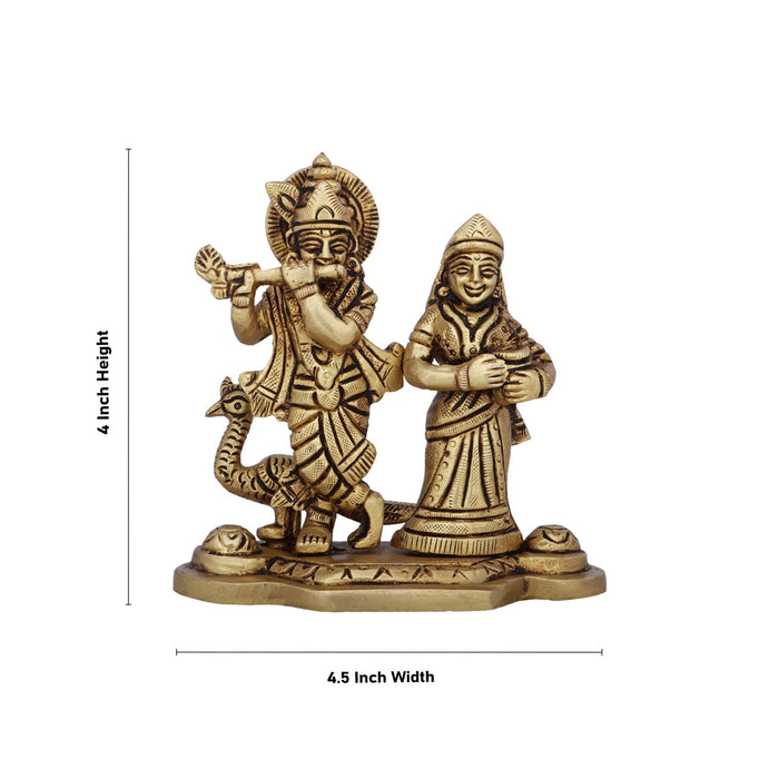 Radha Krishna Statue With Peacock - 4 x 4.5 Inches | Antique Brass Idol/ Standing Radha Krishna Murti for Pooja