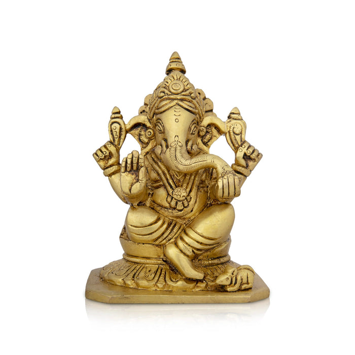 Ganesha Statue Sitting On Base - 5 x 3.5 Inches | Antique Brass Idol/ Vinayaka Idol/ Ganapathy Idol for Pooja