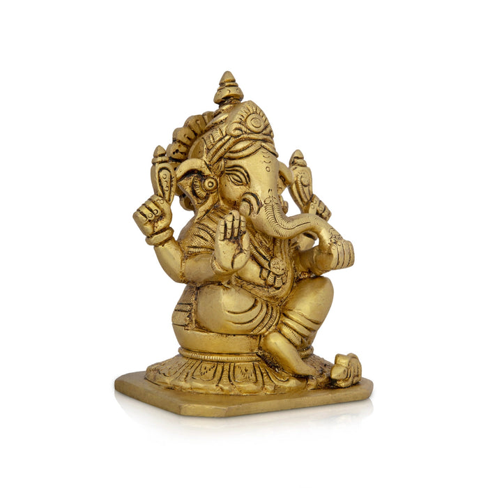 Ganesha Statue Sitting On Base - 5 x 3.5 Inches | Antique Brass Idol/ Vinayaka Idol/ Ganapathy Idol for Pooja