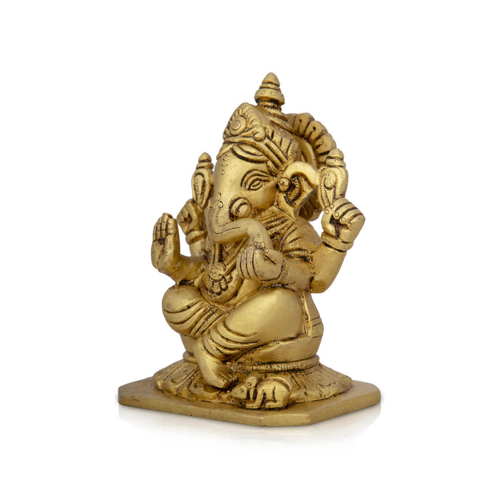 Ganesha Statue Sitting On Base - 5 x 3.5 Inches | Antique Brass Idol/ Vinayaka Idol/ Ganapathy Idol for Pooja