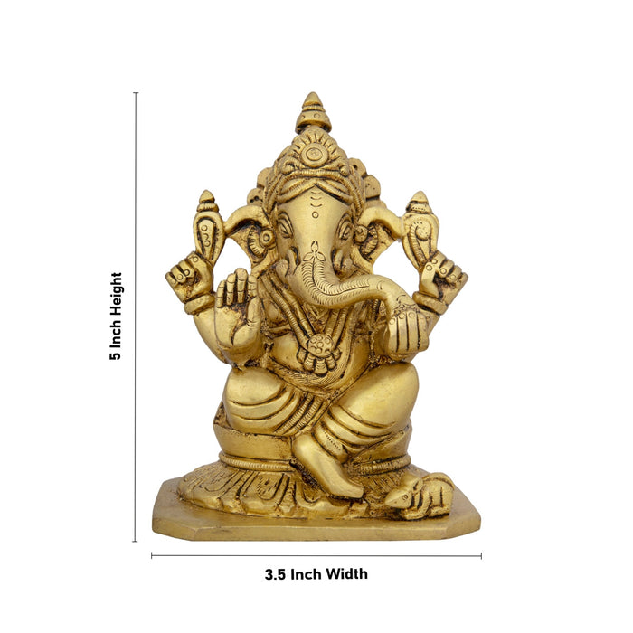 Ganesha Statue Sitting On Base - 5 x 3.5 Inches | Antique Brass Idol/ Vinayaka Idol/ Ganapathy Idol for Pooja