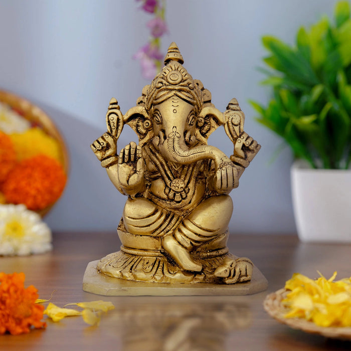 Ganesha Statue Sitting On Base - 5 x 3.5 Inches | Antique Brass Idol/ Vinayaka Idol/ Ganapathy Idol for Pooja