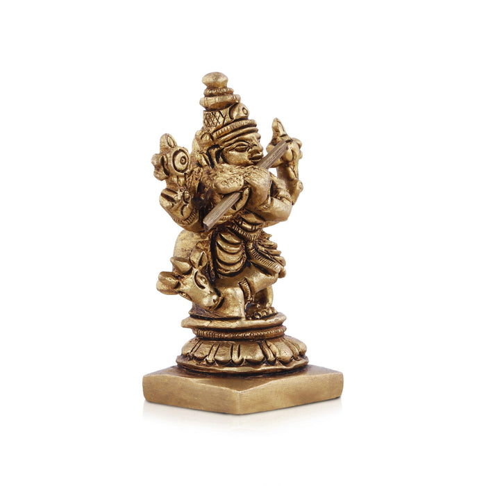 Krishna Statue With Cow - 2 x 1.5 Inches | Antique Brass Idol/ Cow Krishna Murti for Pooja