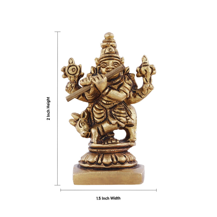 Krishna Statue With Cow - 2 x 1.5 Inches | Antique Brass Idol/ Cow Krishna Murti for Pooja