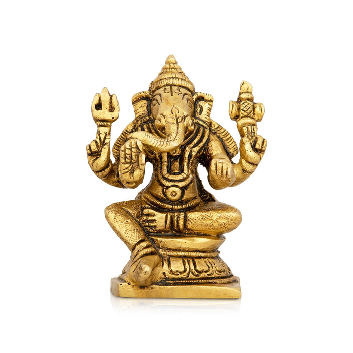 Ganesha Statue Sitting On Base - 2 x 4 Inches | Antique Brass Idol/ Ganapathi Idol for Pooja