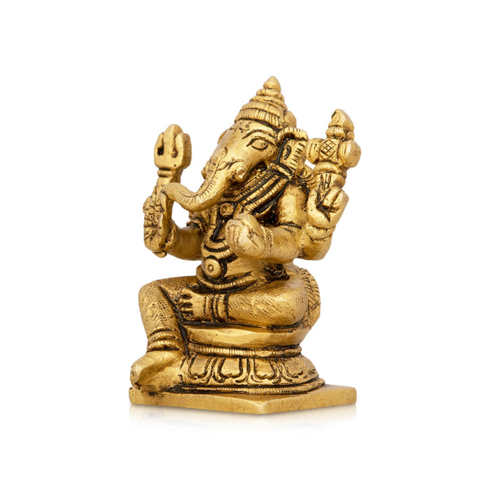 Ganesha Statue Sitting On Base - 2 x 4 Inches | Antique Brass Idol/ Ganapathi Idol for Pooja