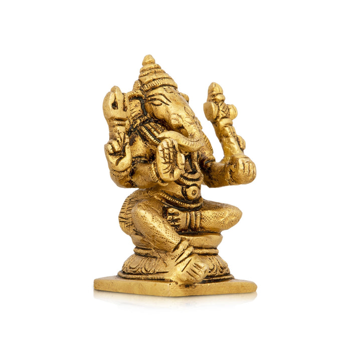 Ganesha Statue Sitting On Base - 2 x 4 Inches | Antique Brass Idol/ Ganapathi Idol for Pooja