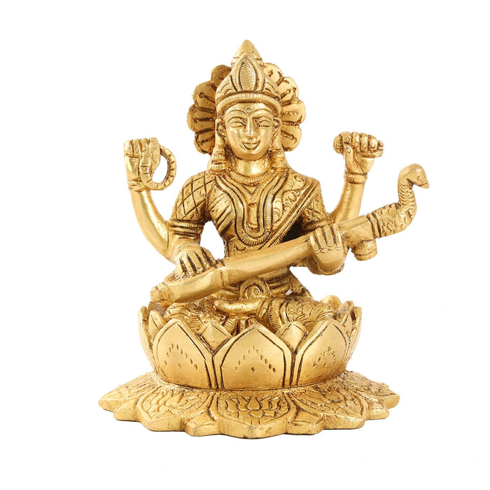 Saraswati Statue Sitting On Lotus Base - 5.5 x 4 Inches | Antique Brass Idol/ Saraswathy Idol for Worship