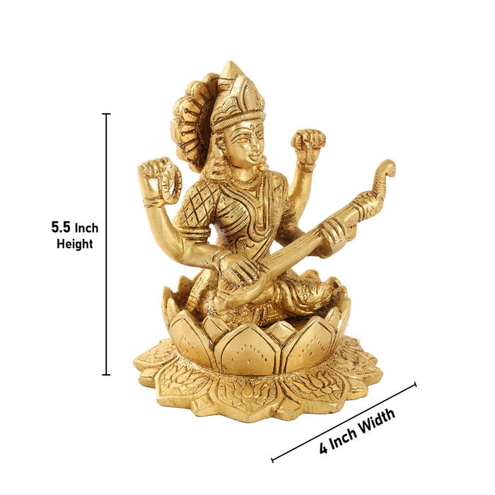 Saraswati Statue Sitting On Lotus Base - 5.5 x 4 Inches | Antique Brass Idol/ Saraswathy Idol for Worship