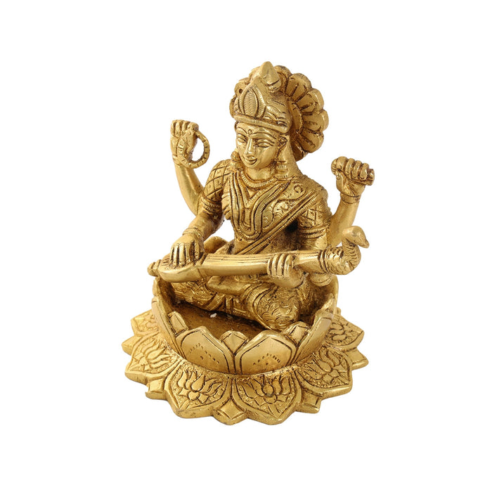 Saraswati Statue Sitting On Lotus Base - 5.5 x 4 Inches | Antique Brass Idol/ Saraswathy Idol for Worship