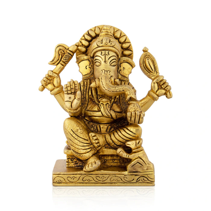 Ganesha Statue Sitting On Chowki - 4.75 x 4 Inches | Antique Brass Idol/ Ganapathy Idol for Pooja
