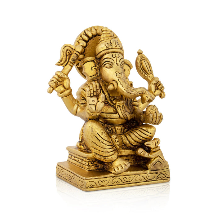 Ganesha Statue Sitting On Chowki - 4.75 x 4 Inches | Antique Brass Idol/ Ganapathy Idol for Pooja