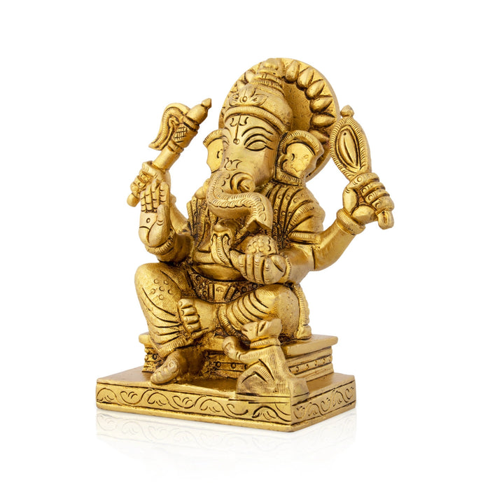 Ganesha Statue Sitting On Chowki - 4.75 x 4 Inches | Antique Brass Idol/ Ganapathy Idol for Pooja