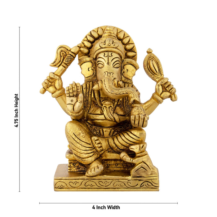 Ganesha Statue Sitting On Chowki - 4.75 x 4 Inches | Antique Brass Idol/ Ganapathy Idol for Pooja