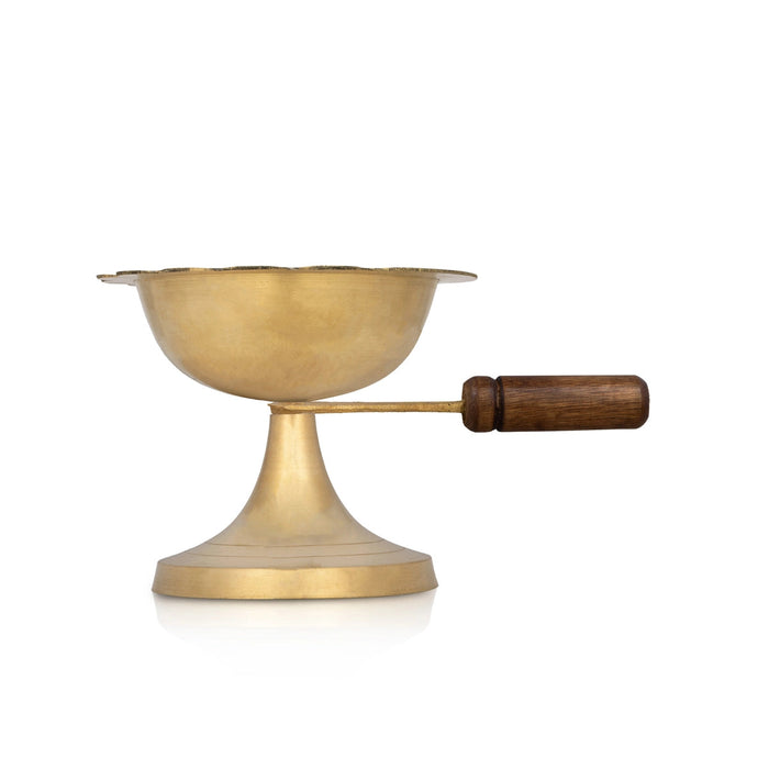 Sambrani Holder With Wooden Handle - 4.75 x 11.5 Inches | Brass Dhoop Stand/ Sambrani Stand for Pooja