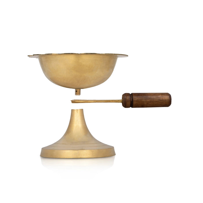 Sambrani Holder With Wooden Handle - 4.75 x 11.5 Inches | Brass Dhoop Stand/ Sambrani Stand for Pooja