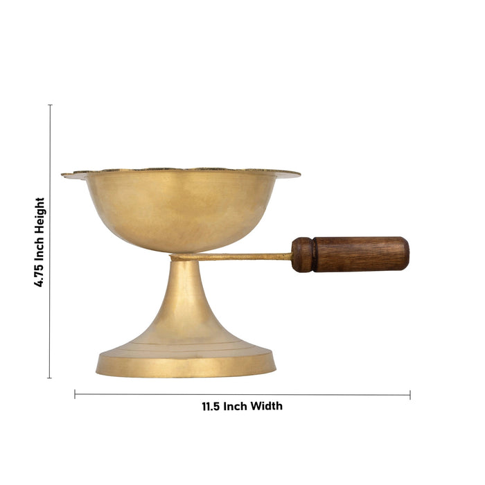 Sambrani Holder With Wooden Handle - 4.75 x 11.5 Inches | Brass Dhoop Stand/ Sambrani Stand for Pooja
