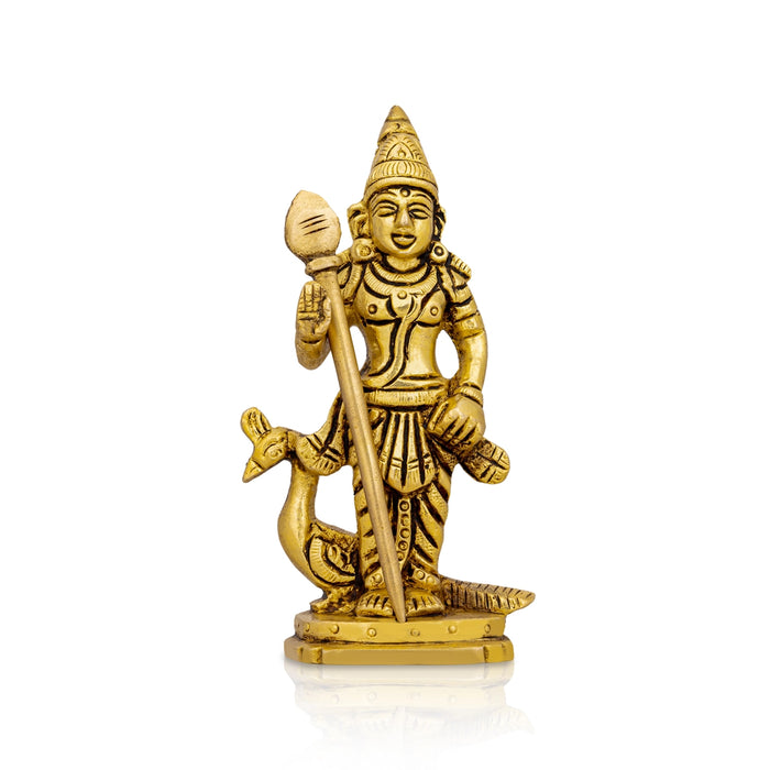 Murugan Statue With Peacock Standing On Base- 4.5 x 2.5 Inches | Antique Brass Idol/ Kartikeya Statue For Pooja