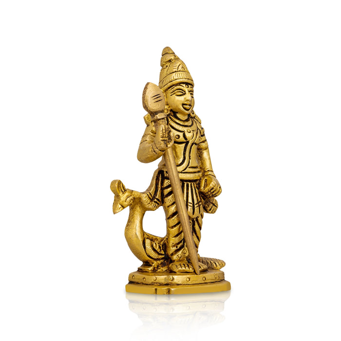 Murugan Statue With Peacock Standing On Base- 4.5 x 2.5 Inches | Antique Brass Idol/ Kartikeya Statue For Pooja