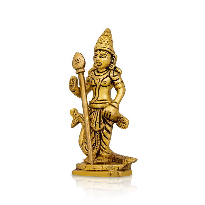Murugan Statue With Peacock Standing On Base- 4.5 x 2.5 Inches | Antique Brass Idol/ Kartikeya Statue For Pooja
