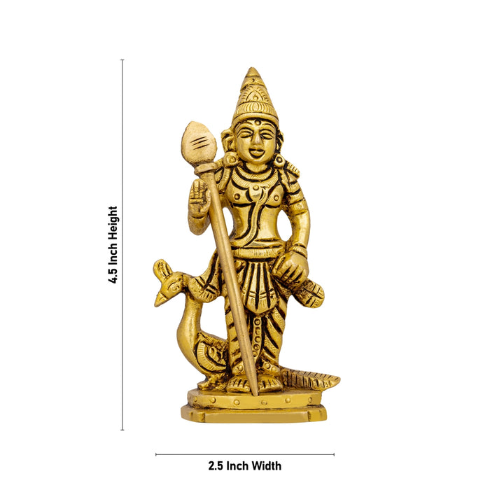 Murugan Statue With Peacock Standing On Base- 4.5 x 2.5 Inches | Antique Brass Idol/ Kartikeya Statue For Pooja