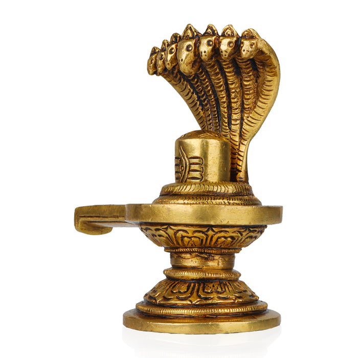 Shiva Lingam Statue With Nagam - 4 x 4.5 Inches | Antique Brass Idol/Shiv Ling Statue/Shiv Ling Idol for Pooja