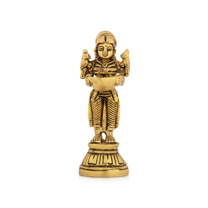 Lady Holding With Brass Lamp - 4 x 1.5 Inches | Antique Polish Vilakku/ Brass Pooja Diya/ Brass Deepam for Home