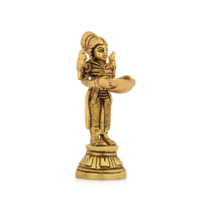 Lady Holding With Brass Lamp - 4 x 1.5 Inches | Antique Polish Vilakku/ Brass Pooja Diya/ Brass Deepam for Home