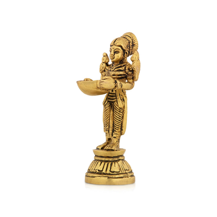 Lady Holding With Brass Lamp - 4 x 1.5 Inches | Antique Polish Vilakku/ Brass Pooja Diya/ Brass Deepam for Home
