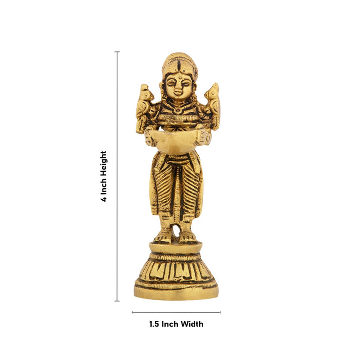Lady Holding With Brass Lamp - 4 x 1.5 Inches | Antique Polish Vilakku/ Brass Pooja Diya/ Brass Deepam for Home