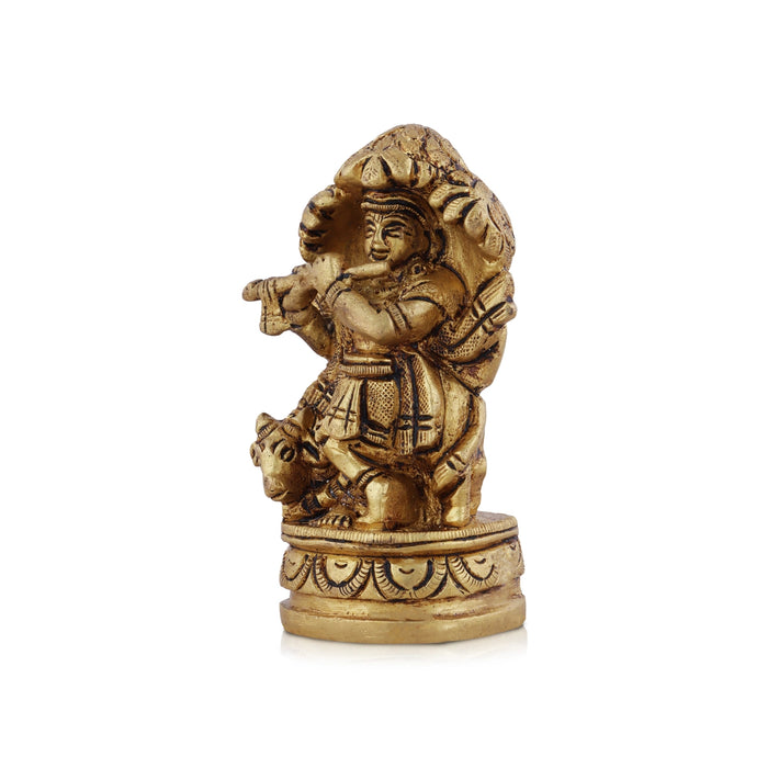 Cow Krishna Statue With Tree - 3.5 x 2.25 Inches | Krishna Murti/ Antique Brass Idol for Pooja