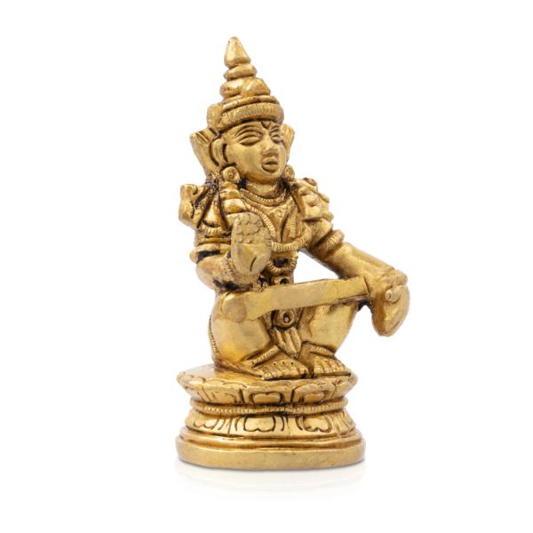 Ayyappan Statue Sitting On Base - 2.75 X 1.5 Inches | Antique Brass Idol/ Lord Ayyappa Murti For Pooja