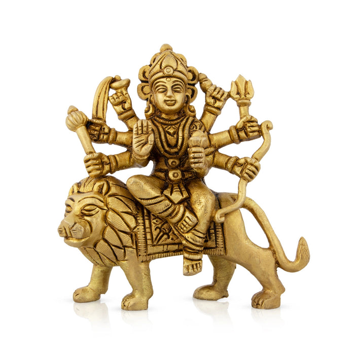 Durga Statue Sitting On Lion - 4.5 x 4 Inches | Antique Brass Idol/ Durga Idol With 8 Hands for Pooja