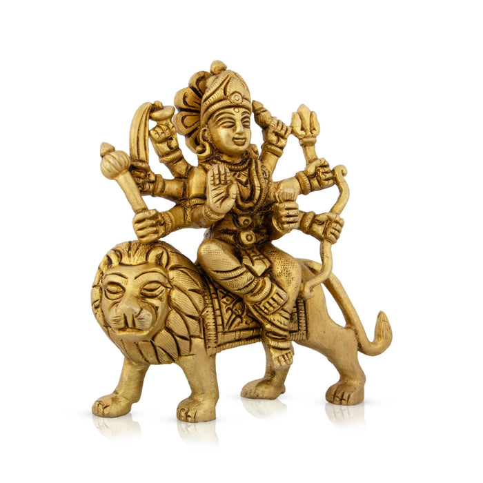 Durga Statue Sitting On Lion - 4.5 x 4 Inches | Antique Brass Idol/ Durga Idol With 8 Hands for Pooja
