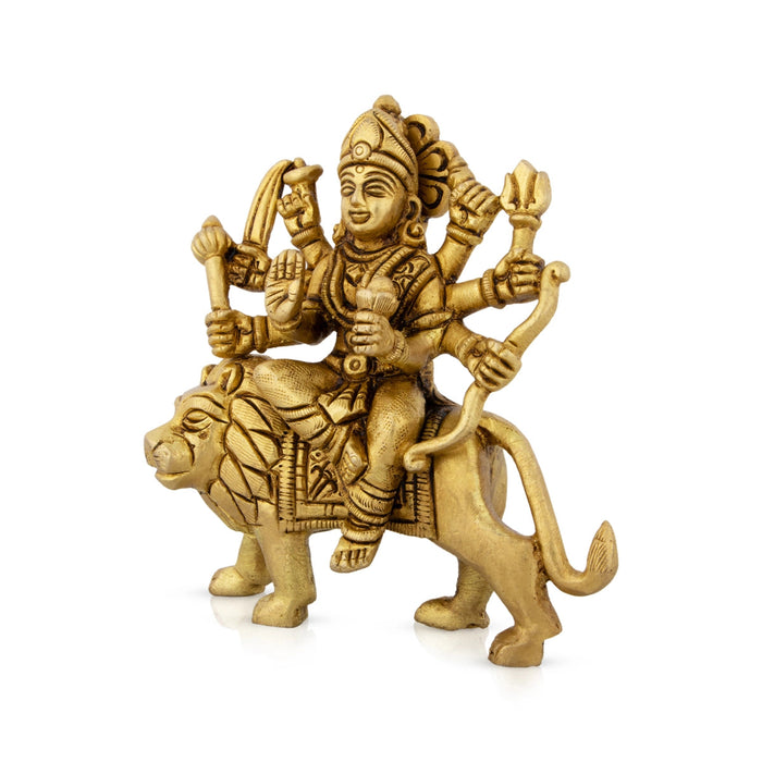 Durga Statue Sitting On Lion - 4.5 x 4 Inches | Antique Brass Idol/ Durga Idol With 8 Hands for Pooja
