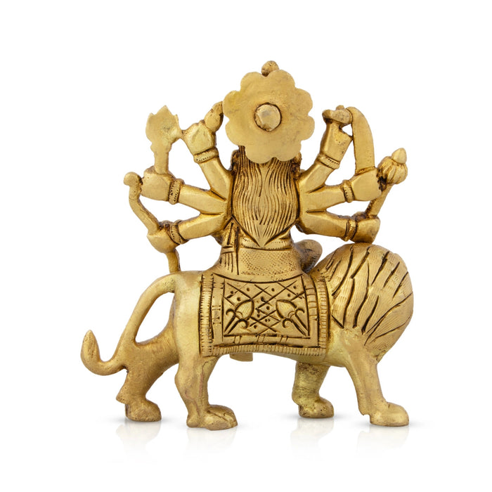 Durga Statue Sitting On Lion - 4.5 x 4 Inches | Antique Brass Idol/ Durga Idol With 8 Hands for Pooja