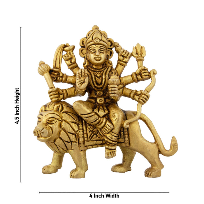 Durga Statue Sitting On Lion - 4.5 x 4 Inches | Antique Brass Idol/ Durga Idol With 8 Hands for Pooja