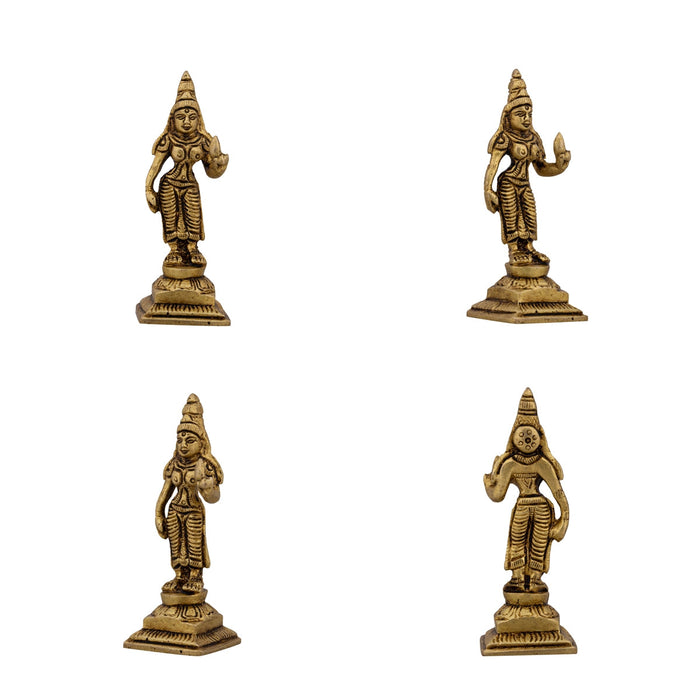 Murugan Valli Deivanai Statue Standing On Base Set - 4 x 1.75 Inches | Antique Brass Idol for Pooja