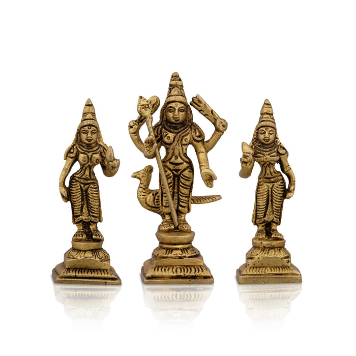Murugan Valli Deivanai Statue Standing On Base Set - 4 x 1.75 Inches | Antique Brass Idol for Pooja
